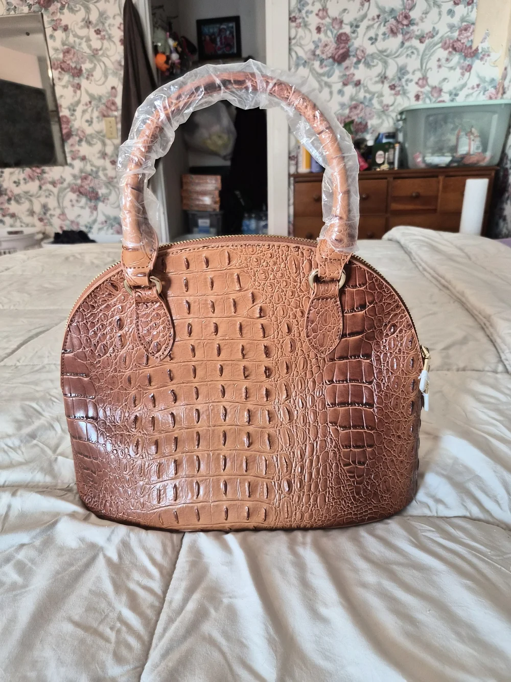 Structured Croc-Embossed Dome Satchel - Brown